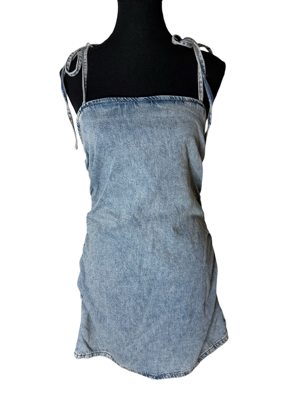 PULL & BEAR New Denim Jean Mini Dress Tie Straps Ruched Sides Zipper Size Medium